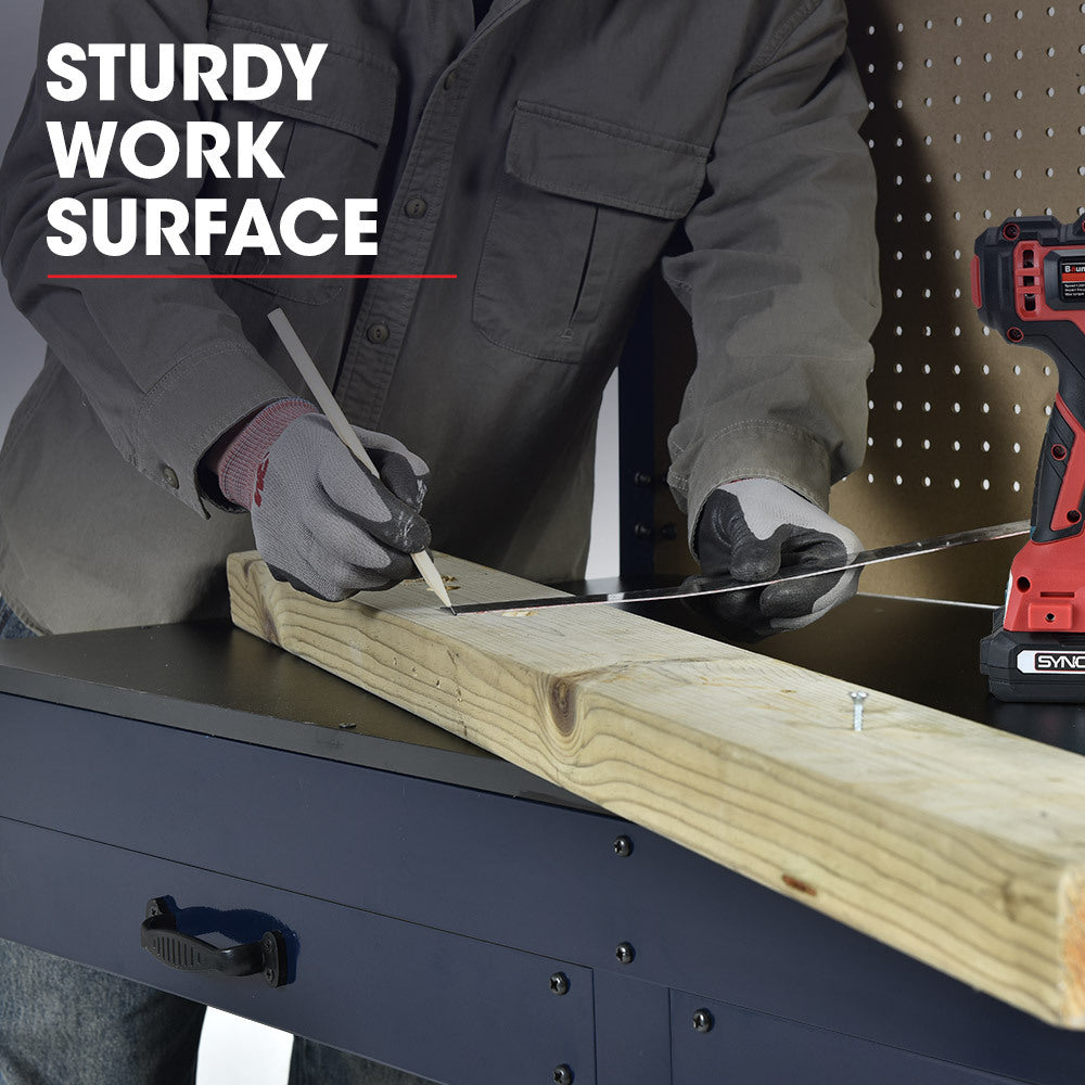 BAUMR-AG Steel Garage Workbench with LED Lights Pegboard Tool Storage Work Bench Workshop Table