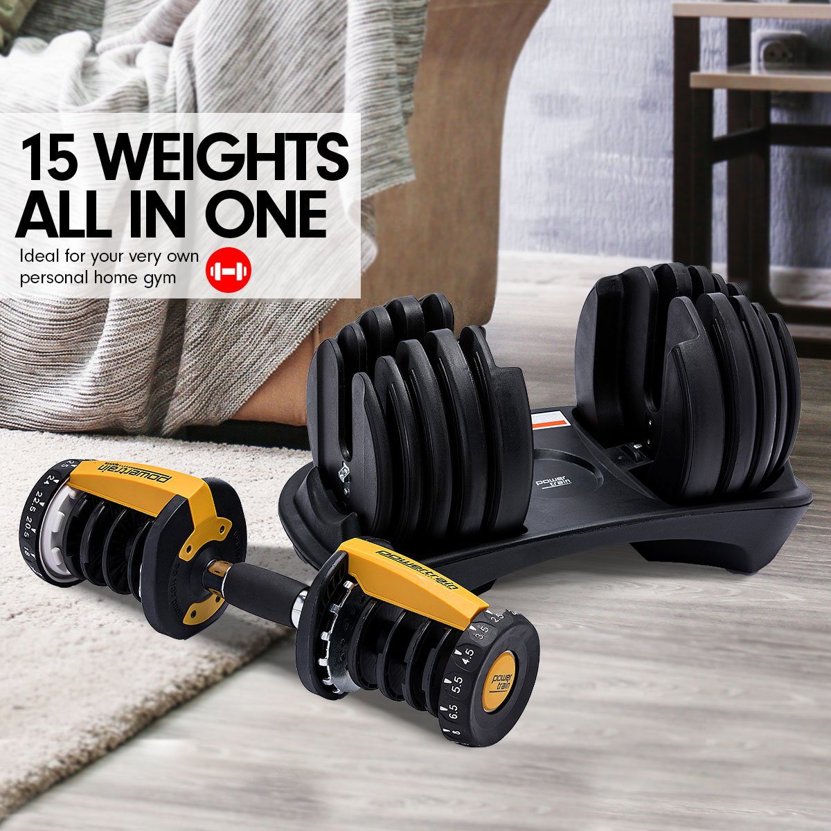 Powertrain 48KG Adjustable Dumbbell Set With Stand - Gold
