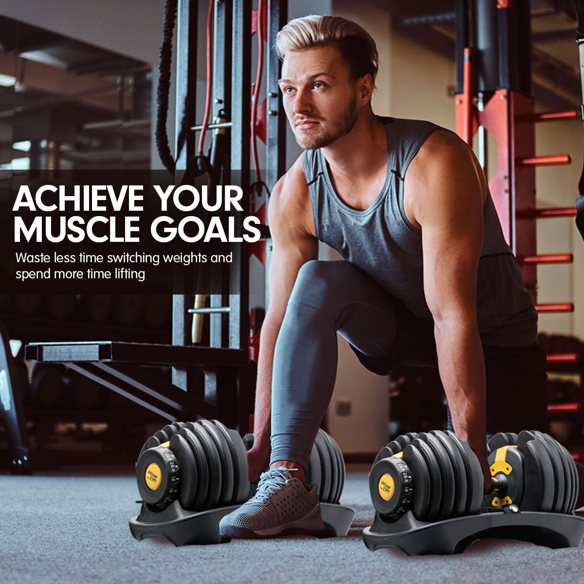 Powertrain 48KG Adjustable Dumbbell Set With Stand - Gold