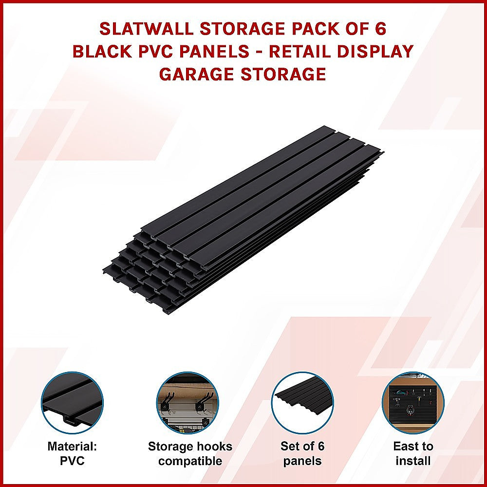 Slatwall Storage Pack of 6 Black PVC Panels - Retail Display Garage Storage