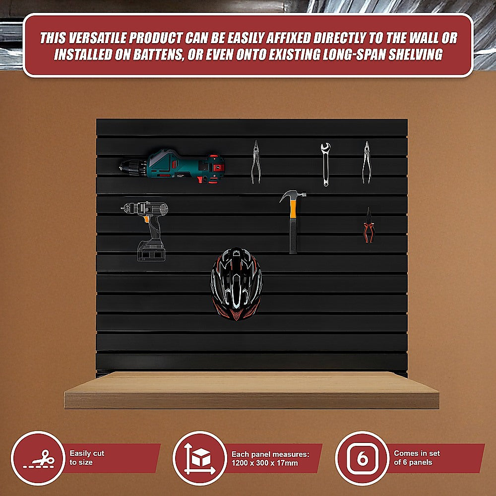 Slatwall Storage Pack of 6 Black PVC Panels - Retail Display Garage Storage