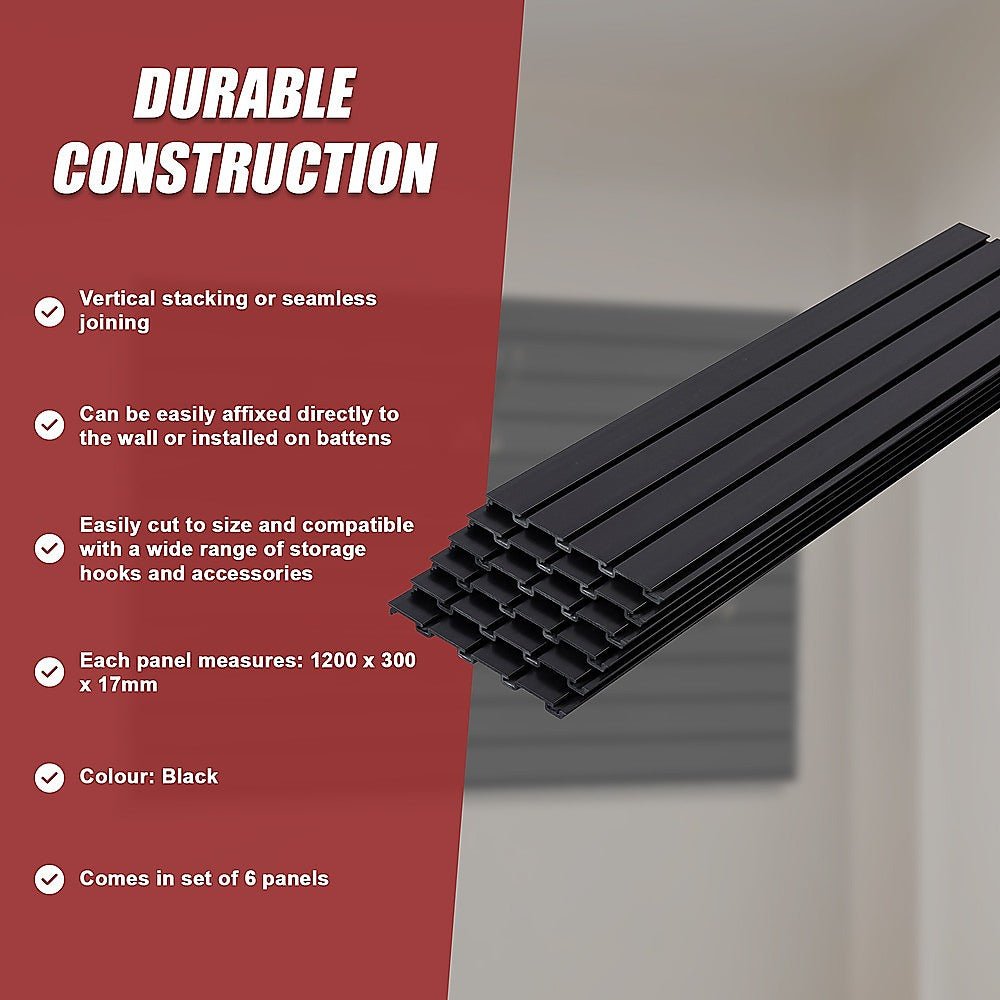 Slatwall Storage Pack of 6 Black PVC Panels - Retail Display Garage Storage