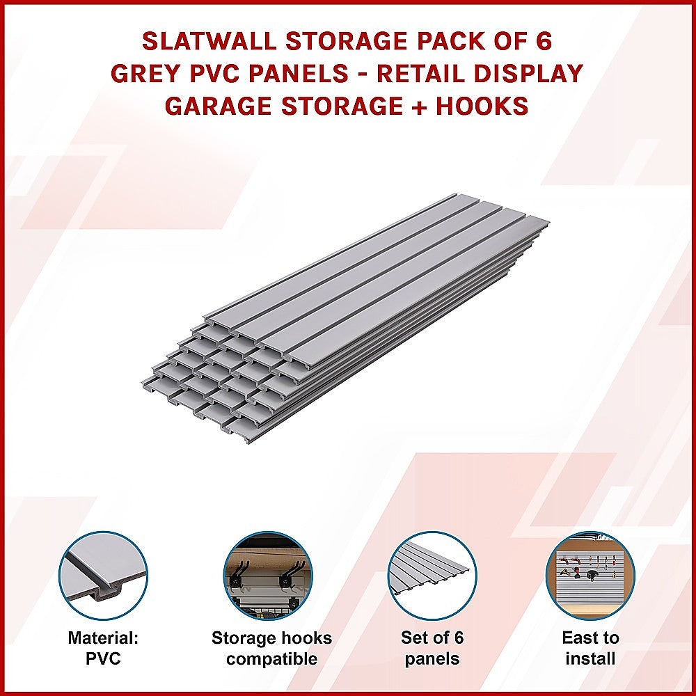 Slatwall Storage Pack of 6 Grey PVC Panels - Retail Display Garage Storage + Hooks