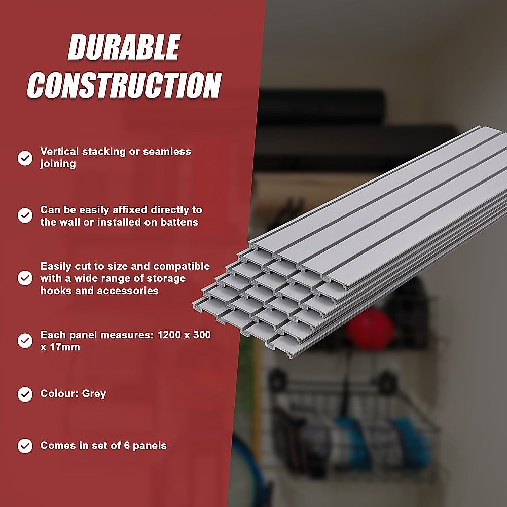 Slatwall Storage Pack of 6 Grey PVC Panels - Retail Display Garage Storage + Hooks