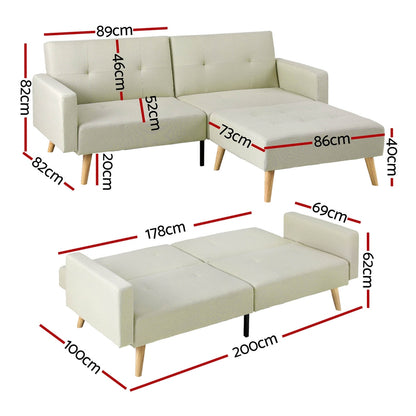 Artiss Sofa Bed Lounge Convertible Ottoman Couch Recliner 3 Seater Fabric Beige