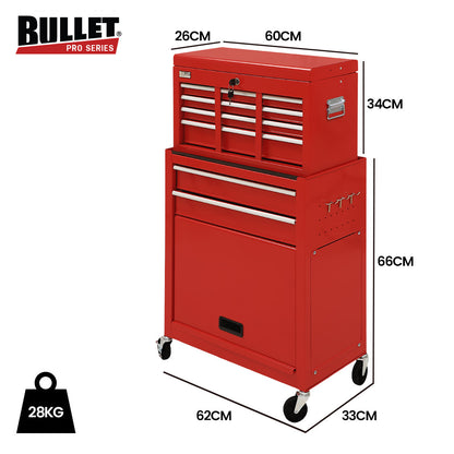 BULLET 8 Drawer Tool Box Cabinet Chest Storage, Toolbox Garage Organiser Set, Red